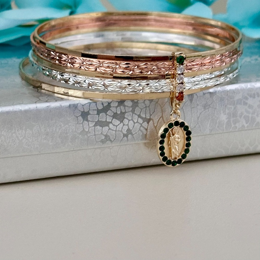 14K Gold Plated Women's Bangle Bracelet Three Colors Religious Charm Saint Jude